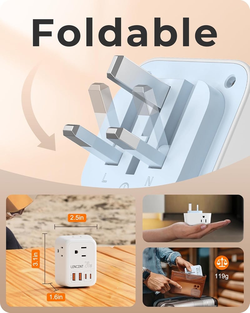 Lencent Foldable US to UK Ireland Travel Plug Adapter, PD 20W Type G Power Adaptor with 4 Outlet, USB C Fast Charger Adapter, USA to Dubai Scotland British London England Hong Kong Irish Qatar - Image 3